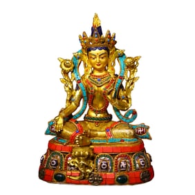 Tibetan Buddhism Gilt Gold Copper Inlay Turquoise & DZI Agate & Gems Tara Statue