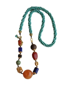 Hand Woven Turquoise & Lapis Lazuli & Beeswax & Chenxiang Wood & Nanhong Agate Beads Necklace