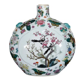 Chinese Qing Dynasty Gilt Edge Famille Rose Plum Flower & Magpie Design Porcelain Vase