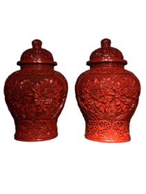 A Pair Chinese Red Lacquerware Low Relief Flowers Pot