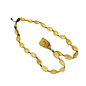 Chinese Tianhuang Stone Carved Chi Dragon Seal Pendant w Hand Woven Beads Necklace & Box