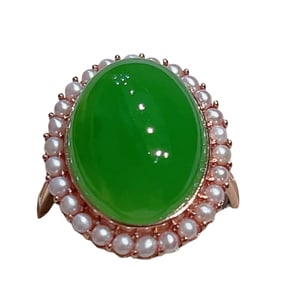Exquisite Chinese 18K Gold Inlay Green Hetian Jade & Pearl Ring