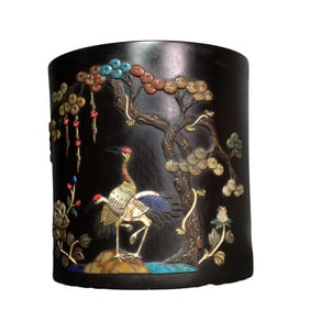 Chinese Zitan Wood Inlay Shoushan Stone & Shell &  Turquoise Pine Tree & Crane Design Brush Pot