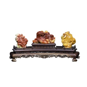 A Set Three Chinese Shoushan Stone Carved Fortune Beast Statue