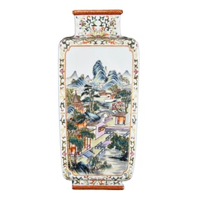 Chinese Qing Dynasty Gilt Edge Famille Rose Mountain River Scene Design Porcelain Vase
