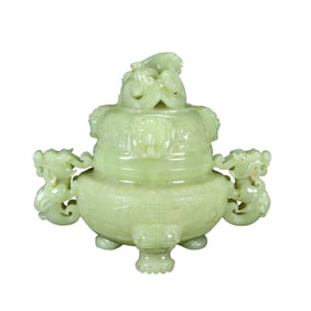 Superb Chinese Hetian Jade Carved Double Ear Dragon Phoenix Incense Burner