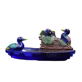 Vintage Chinese Peking Glass Carved Duck & Boat Statue