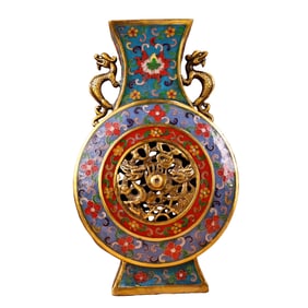 Vintage Chinese Gilt Gold Copper Cloisonne Double Ear Dragon Vase