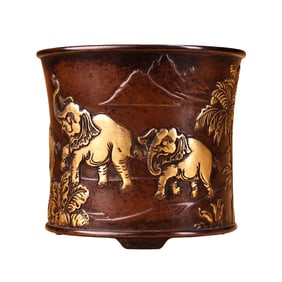 Vintage Chinese Gilt Gold Copper Elephant Design Brush Pot