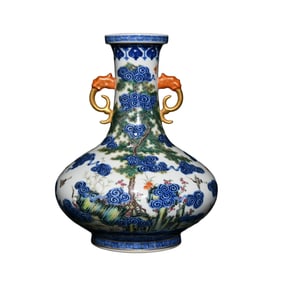 Chinese Qing Dynasty Gilt Edge Blue And White + Famille Rose Pine Tree & Crane Design Porcelain Vase