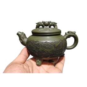 Chinese Yixing Zisha Clay Double Dragon Teapot w Artist Signed