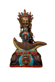 Tibetan Gilt Gold Copper Inlay Turquoise & DZI Agate & Gems Dharma-vessel Statue