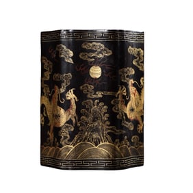 Vintage Chinese Gilt Gold Wooden-cored Lacquerware Double Dragon Design Brush Pot