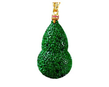 High Quality Green Jadeite Carved Gourd Pendant w Hand Woven Chenxiang Wood Beads Necklace