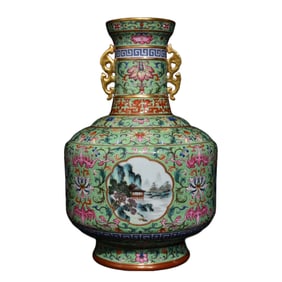 Chinese Qing Dynasty Gilt Edge Famille Rose Mountain River Scene Design Porcelain Vase