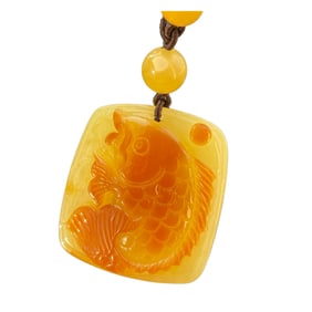 Beautiful Beeswax Carved Fish Pendant w Hand Woven Beads Necklace