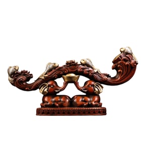 Vintage Chinese Gilt Gold Copper Elephant & Fish Ruyi Statue