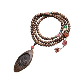 Vintage Chinese Chenxiang Wood Carved Laughing Buddha Pendant w Hand Woven Beads Necklace