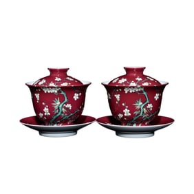 A Pair Chinese Rouge Red Glaze Famille Rose Flowers Design Porcelain Teabowl