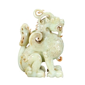 Superb Vintage Chinese Hetian Jade Carved Divine Beast Statue
