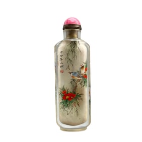 Old Chinese Peking Glass Inside Painting Flowers Bird Design Snuff Bottle w Stopper