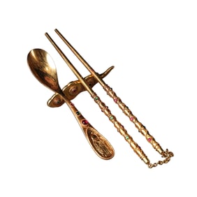 A Set Vintage Chinese Gilt Gold Copper Inlay Gem Spoon & Chopsticks & Shelf
