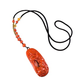 Chinese Nanhong Agate Carved Flowers Bird Pendant