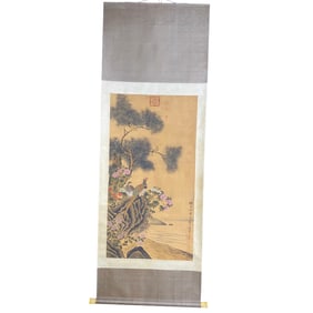 Chinese Watercolour On Silk Flowers Bird Painting