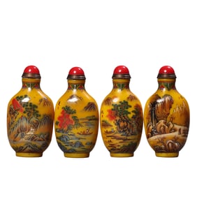 A Set Four Chinese Yellow Peking Glass Mountain River Scene Design Snuff Bottle