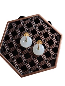A Pair Chinese 18K Gold Inlay Hetian Jade Earrings