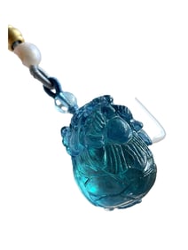 Beautiful Natural Aquamarine Carved Dragon Turtle Pendant w Hand Woven Necklace