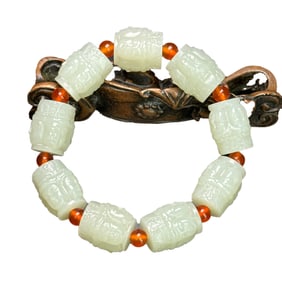 Chinese Hetian Jade Carved Buddha Head Beads Bracelet