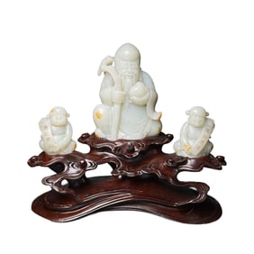 A Set Superb Chinese Hetian Jade Carved Longevity Taoism Deity & Kids Statues