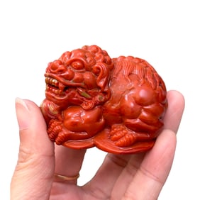 Chinese Nanhong Agate Carved Fortune Lion Statue