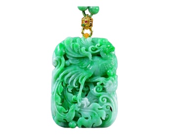 Exquisite Jadeite Carved Phoenix Pendant w Hand Woven Jadeite Beads Necklace