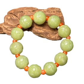 Chinese Hetian Jade Carved Lotus Flower Beads Bracelet
