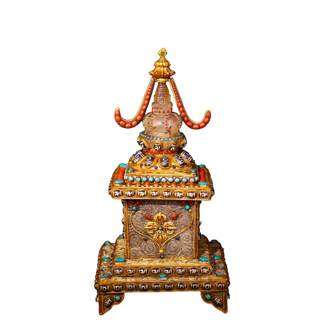 Exquisite Tibetan Silver Wires Inlay Crystal & Turquoise & DZI Agate & Gems Pagoda: Exquisite Tibetan Silver Wires Inlay Crystal & Turquoise & DZI Agate & Gems PagodaDimension: 400 x 210 (mm) 15.75 x 8.27 (inches) Weight: 6.72 lbs/ 3050 g