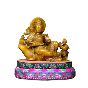 Superb Vintage Chinese Tianhuang Stone Carved Kwan-yin & Kid Statue