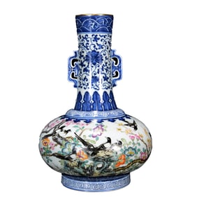 Chinese Qing Dynasty Blue And White + Famille Rose Flowers Bird Design Porcelain Vase