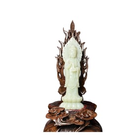 Superb Chinese Hetian Jade Carved Kwna-yin Statue w Zitan Wood Base