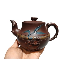 Antique Chinese Yixing Zisha Fortune Bamboo & Plum Flower Design Teapot
