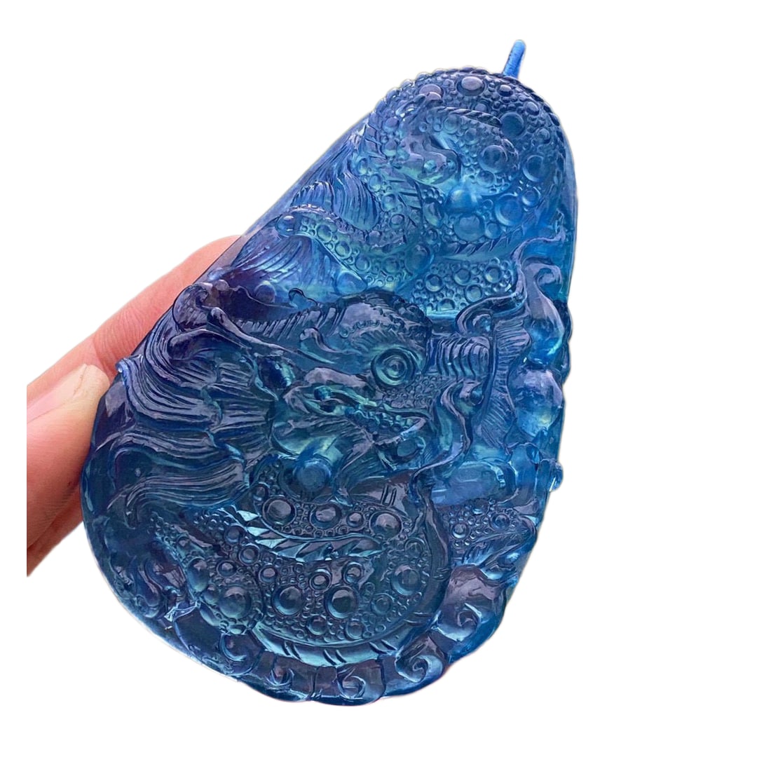 Beautiful Natural Aquamarine Carved Fortune Dragon Pendant w Hand Woven Necklace: Beautiful Natural Aquamarine Carved Fortune Dragon Pendant w Hand Woven Necklace Dimension: 82 x 52 x 16 (mm)3.23 x 2.05 x 0.63 (inches)Weight 0.21 lbs/ 94.1 g