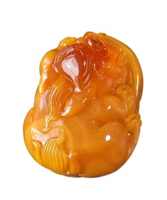 Beautiful Beeswax Carved Fortune Pixiu Pendant w Hand Woven Beeswax Beads Necklace