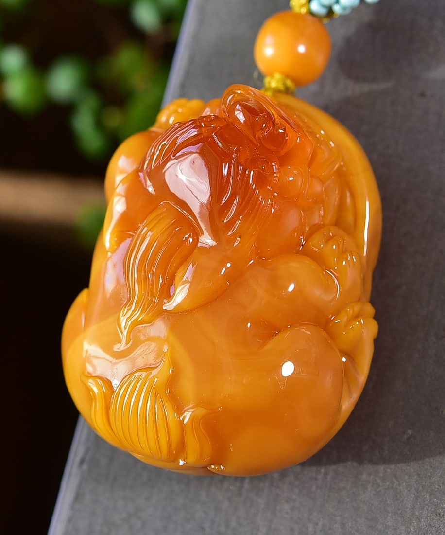 Beautiful Beeswax Carved Fortune Pixiu Pendant w Hand Woven Beeswax Beads Necklace - 2