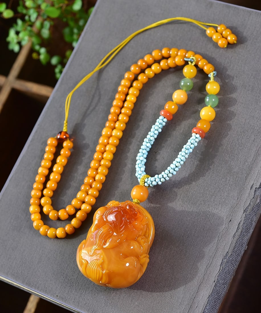 Beautiful Beeswax Carved Fortune Pixiu Pendant w Hand Woven Beeswax Beads Necklace - 3