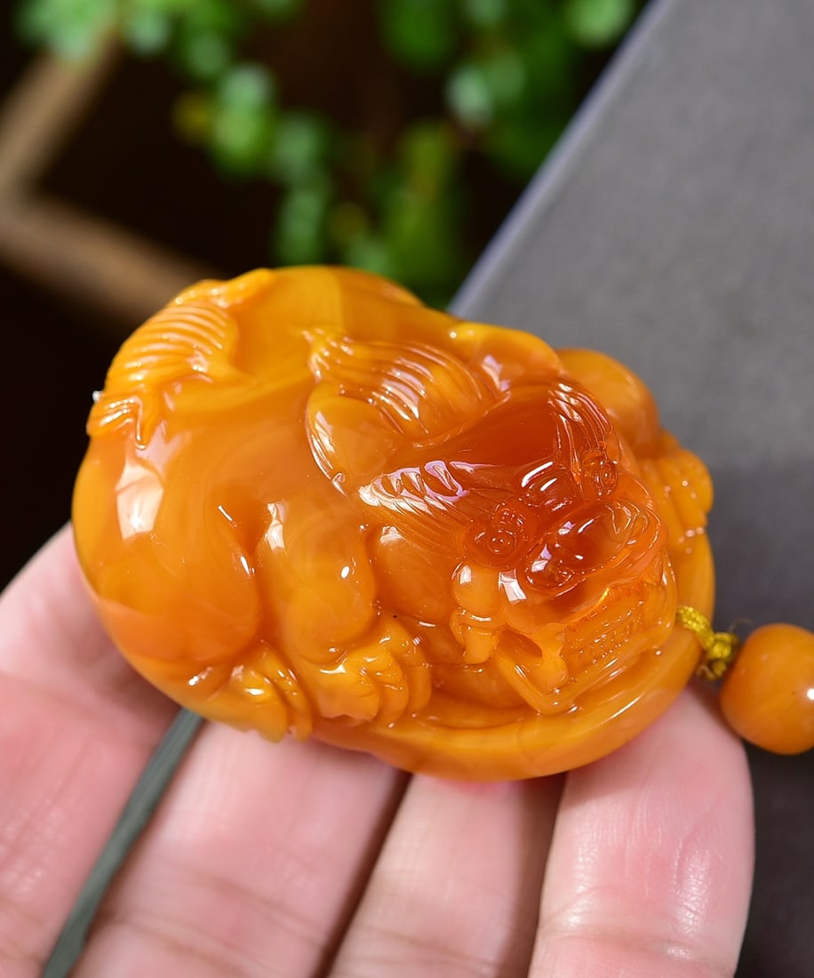 Beautiful Beeswax Carved Fortune Pixiu Pendant w Hand Woven Beeswax Beads Necklace - 4