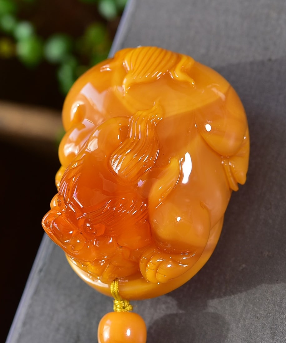 Beautiful Beeswax Carved Fortune Pixiu Pendant w Hand Woven Beeswax Beads Necklace - 5