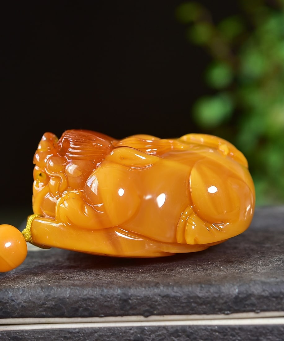 Beautiful Beeswax Carved Fortune Pixiu Pendant w Hand Woven Beeswax Beads Necklace - 6