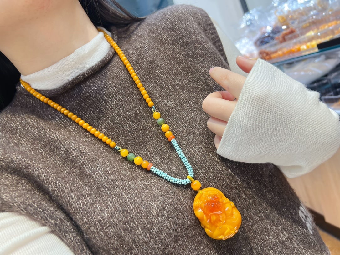 Beautiful Beeswax Carved Fortune Pixiu Pendant w Hand Woven Beeswax Beads Necklace - 7