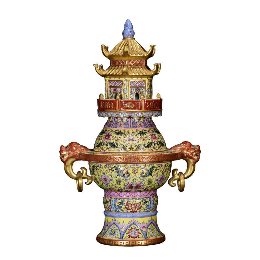 Chinese Qing Dynasty Gilt Gold Famille Rose Enamel Flowers Design Porcelain Incense Burner: Chinese Qing Dynasty Gilt Gold Famille Rose Enamel Flowers Design Porcelain Incense BurnerDimension: 340 x 210 (mm) 13.38 x 8.27 (inches)